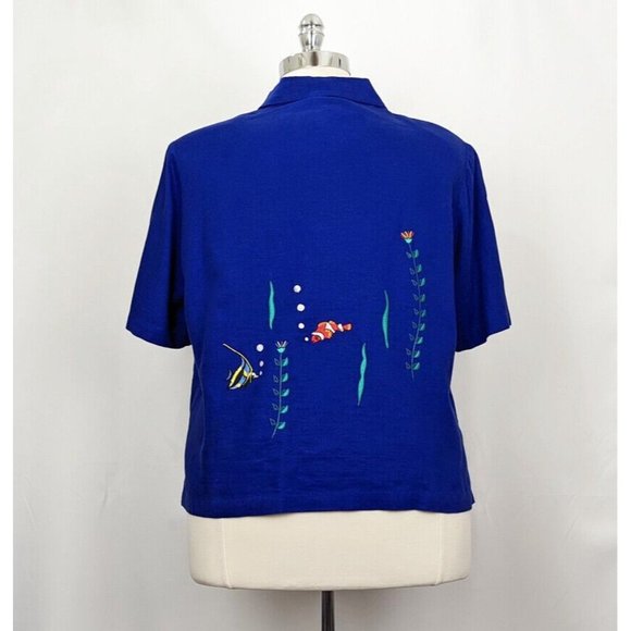 GONE Vintage 90s Top Dark Blue Fish Embroidered Short Sleeve Blouse Women's 20W - Picture 7 of 11